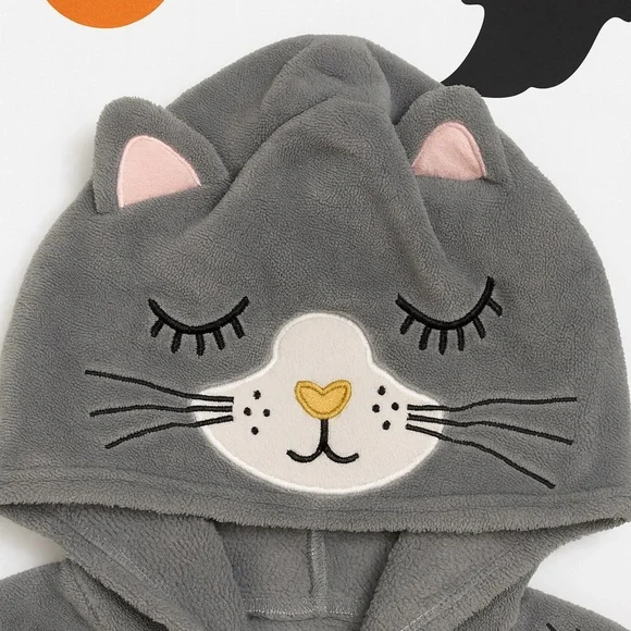 PJ Couture Gray Cat Hooded Pajama Suit M Fleece Pink Trim - Picture 3 of 6